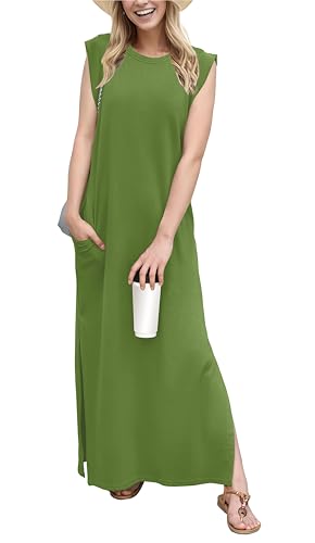 Image of GRECERELLE 2026 Women Year-Round Casual Round Neck Loose Split Wrinkle-Free Long Maxi Vacation Dress with Pockets (XXS-4XL)
