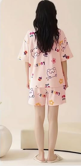 Image of Lunza Women's Cotton Blend Pajama Set, Short Sleeve T-Shirt and Shorts, Cute Bear Print Nightwear