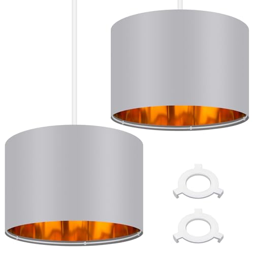 Image of Weewooday 2 Pack Grey Lampshade for Ceiling 12" Modern Golden Inner Drum Lamp Shade with E27 to E14 Lamp Shade Adapter Ring for Pendant Lights Table or Bedside Floor Lights