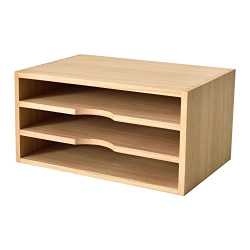 Image of KIRIGEN Wooden Desk Document Organiser, 3 Compartment A4 File Holder Tray, Paulownia Wood Desktop Storage Rack for Papers, Folders, Magazines, Home Office, 35 x 24 x 18 cm, Natural(3KWJG-NA)