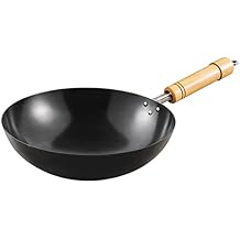Hand Forged Wok Pan, Chinese Traditional Hand Hammered Carbon Steel Pow Wok with Wooden Handle for Electric Induction/Gas Stoves,30cm Blue 30cm