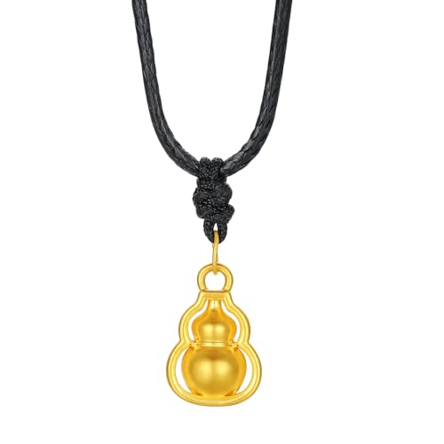24K Solid Gold Gourd Pendant Necklace Feng Shui Lucky Jewelry Black Braided Necklace for Women Mom Birthday New Year Gifts 65-75cm A0414363