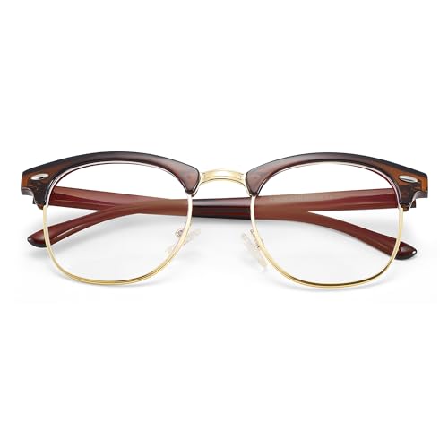 COASION Vintage Semi-Rimless Clear Glasses Fake Nerd Horn Rimmed Eyeglasses Frame (Brown/Gold Rimmed)
