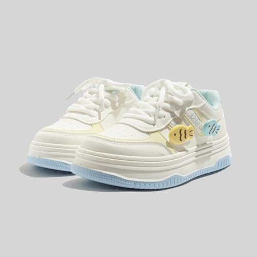 Y2K Chunky Platform Sneakers with Fish Charm for Women Preppy White Sport Walking Skate Shoes Lace Up for Students3