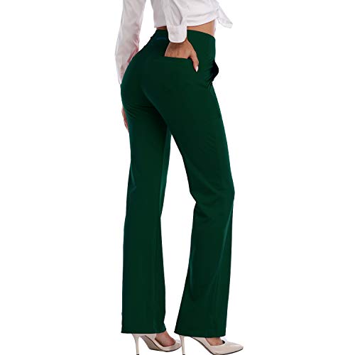 HISKYWIN Womens High Waist Yoga Pants 4 Way Stretch Tummy Control Workout Running Pants, Long Bootleg Flare Pants F205-Dark Green-L