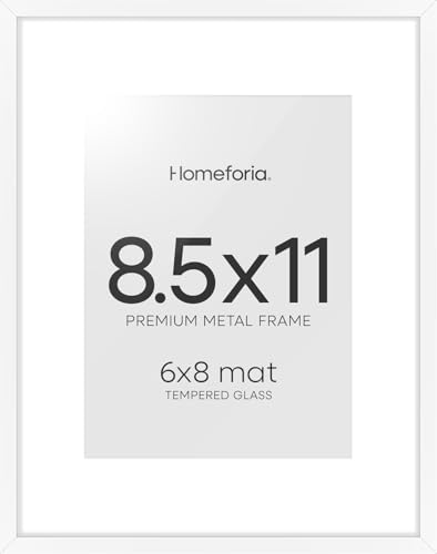 Image of Homeforia 8.5x11 White Picture Frame, High-End Metal, 6x8 Mat, Glass | High End Aluminum, Tempered Glass, Acid-Free 6x8 Removable Mat, 8.5x11 in Edge-to-Edge Display 11x8.5, Wall Kit, Set Of 1