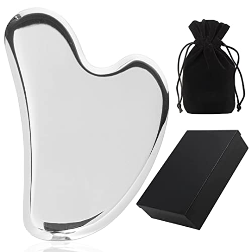 Nanshy Herramienta de masaje Gua Sha de acero inoxidable (plata, metal) en una bolsa reutilizable y caja de regalo, rutina de belleza facial