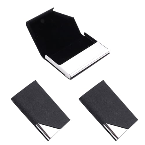 3 Pcs Black PU Leather Business Card Case with Magnetic Closure, Stainless Steel Business Card Holder, Business Card Wallet for Women Men (Black)