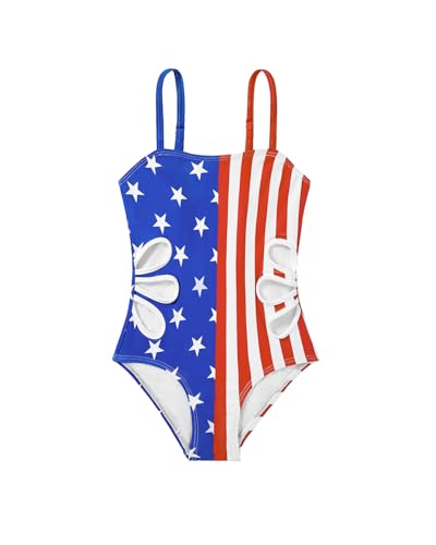 Century Star Girls Swimsuit Bathing Suit Teen One Piece Swimsuits Adjustable Straps Cut Out Quick Dry Swimwear American Flag 10-11 Years