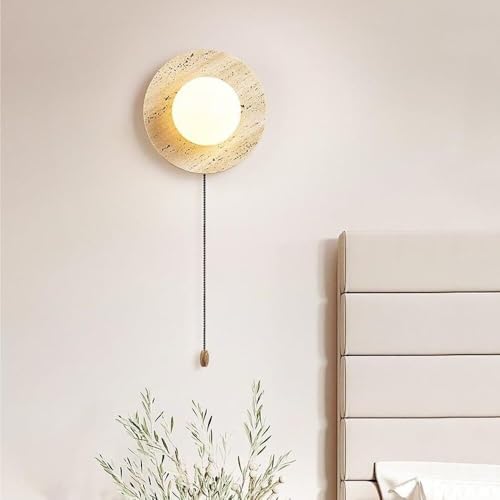 UQVUFIYJ Lámpara de Pared de mármol Redonda de decoración Moderna for el hogar con Interruptor de Cadena de tracción, luz de Pared de Mediados de Siglo de Vidrio Blanco con Leche, lámpara de Pared de