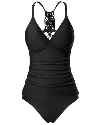 Holipick Women Solid Black Tummy Control Two Piece Tankini Set Swimsuit V Neck Tankini Top Bathing Suits with Bikini Bottom M(US 8-10)