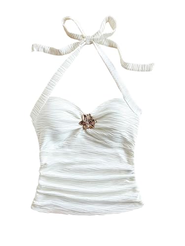 SOLY HUX Girl's Summer Ruched Halter Top Metal Decor Tie Back Sleeveless Tank Cute Vacation Tops