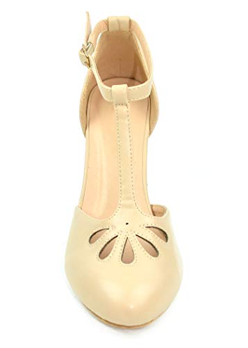 Chase & Chloe Kimmy-36 Women's Teardrop Cut Out T-Strap Mid Heel Dress Pumps (6, Nude PU)4