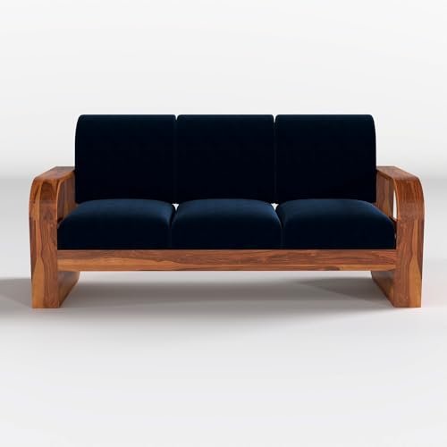 Image of Solid Sheesham Wooden 6 Seater Sofa Set with Coffee Table with Blue Cushion for Living Room Furniture - Honey Finish (3+2+1)