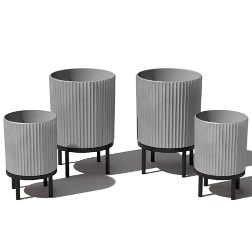 Image of Veradek Demi Series Raised Duo Planters - Set of 2 Planters with Stands | Made From a Durable Plastic-Stone Composite & Comes With Wooden Stand. Modern Porch /Patio Decor
