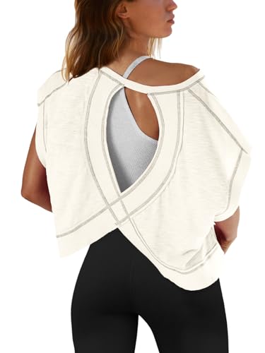 Image of SENSERISE Womens Open Back Workout Tops Backless Short Sleeve Athletic Shirt Running Crop Top Gym Yoga Tee