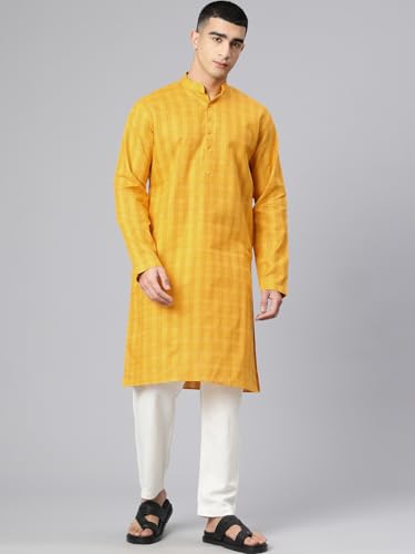 Image of Majestic Man Men's Pure Cotton Textured Check Mandarin Collar Long Kurta