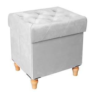CAROLMADE Folding Storage Ottoman Cube Velvet Footstool with Wood Legs Toy Storage for Living Room and Bedroom, Grey, 15″x12.6″x15.4