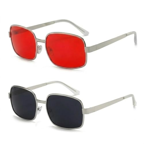 LRUOQI 2 Pairs Red and Black Lens Sunglasses for Men Women Retro Square Metal Frame Tinted HD Lenses Vintage Eyewear for 90s Movie Cosplay and Halloween Costume (Red&Black)