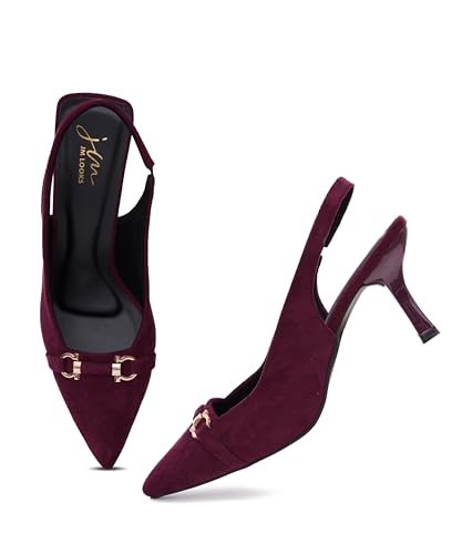 Image of JM LOOKS Women's Sophisticated Pointed Toe Slingback Kitten Heels with Metallic Buckle Accent for Professional and Evening Elegance