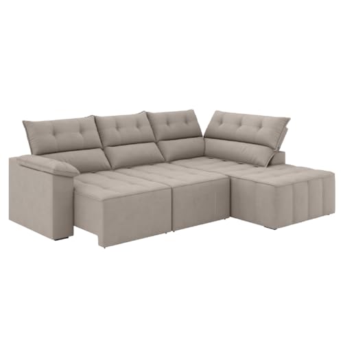 Sofá de Canto Retrátil e Reclinável 4 Lugares Santorini Veludo Luizzi (Capuccino)