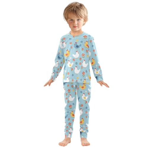 Pajama Sets Long Sleeve Chicken Flowers on Blue Soft Comfy Sleepwear 2 Piece PJS 3-8T2