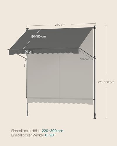 SONGMICS Klemmmarkise, Balkonmarkise, höhenverstellbar, mit Handkurbel, Sonnenschutz, für Balkon, Terrasse, Garten, 250 x 120 cm, anthrazit GSA252G02 5