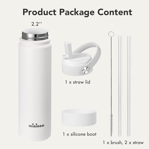 Insulated Stainless Steel Water Bottle with Straw, Ceramic-Lined, BPA-Free & Leak-Proof, 24 oz, White