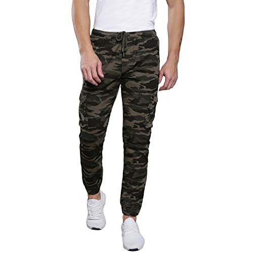 Image of Dennis Lingo Camouflage Print Cotton Men's Casual Cargo Pant, Tapered Fit, Mid Rise, Ankle Length, Multi-Pocket Drawstring Stretchable Cargos for Men, Trousers