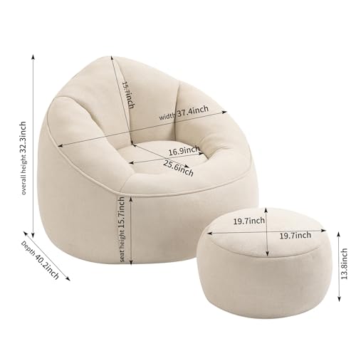 MWrouqfur Comfy Bean Bag Chairs with Footstool, Super Soft Bean Bag Sofa Chair with High Elasticity Foam&Petal Back, Modern Lazy Sofa for Living Room, Bedroom, Apartment, Dorm (Beige)