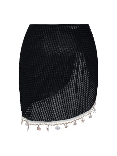 GORGLITTER Damen Bikini Cover Up Rock Boho Sommer Strandrock mit Muschel Quasten Urlaubsmode Minirock Strand Sarong Strandtuch Strandkleid Schwarz S-5