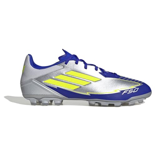 adidas F50 League Football Boots Artificial Ground, Botas de fútbol Unisex Adulto, Silver Met./Solar Yellow/Lucid Blue, 43 1/3 EU