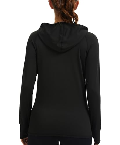 AMZSPORT Sportjacke Damen Laufjacke Gebürstetes Innenfutter Trainingsjacke mit Kapuze für Yoga Gym Fitness, Thermoschwarz M