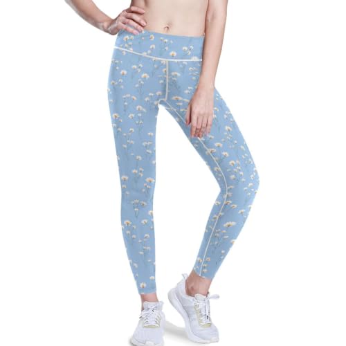 Leggings de yoga para mujer en azul pastel con margaritas y control de abdomen talla XS-XXL