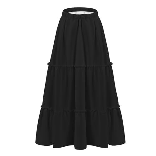 Jane Shine Women's Summer Boho Maxi A-Line Long Skirts Elastic High Waist Ruffle Swing Beach Dress with Lining2