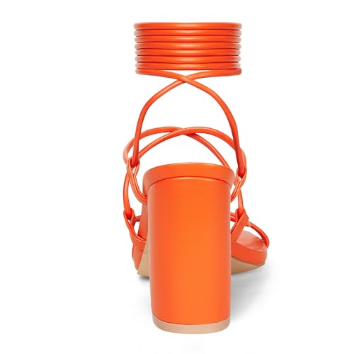 Elisabet Tang Square Toe Strappy Chunky Heels Sandals, 3 inch Women's Lace Up Low Block Heels Ankle Wrap Heels Square Open Toe Tie Up Heeled Sandals for Wedding Dress Shoes3