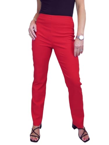Paulo Due Women's Elasticated Waist Trousers Pull On High Waist Straight Leg Trousers Evening Day Office Work Red 8-22 (18)