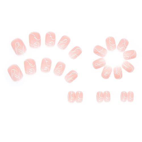 Misud Squoval Press On Nails Square Short Fake Nails Pink Acrylic Nails Glossy Glue On Nails Artificial False Nails With Simple White Line Designs 24 Pcs #TOP3