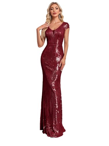 Image of XUIBOL Womens Sequined Short Sleeves Long Formal Dress with V-Neck for Evening Event Nightout Club Gown Silver Paillette