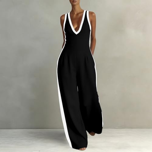 Mono de pierna ancha sin mangas para mujer con cuello en V elegante estilo bloque de color 2
