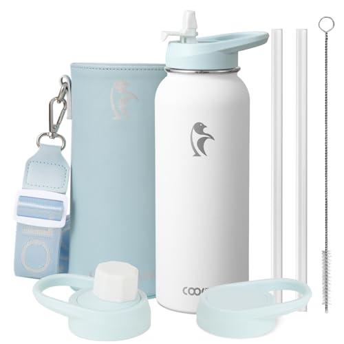 Image of Coolflask 40 oz Water Bottle Insulated with PU Leather Sleeve & 3 Lids