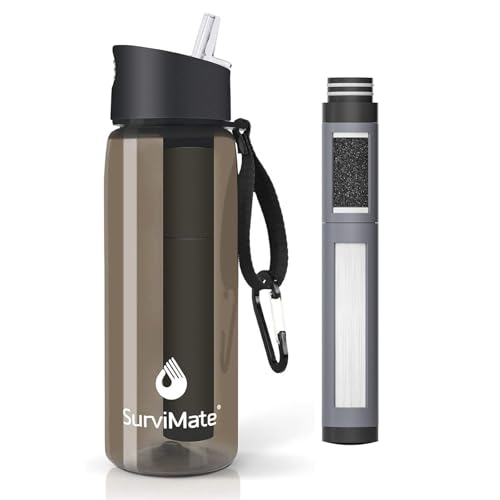 Survimate 5-Stage 0.01μm Ultra-Filtration Filtered Water Bottle, BPA-Free Material, NSF/ANSI 42&372 Certified, Portable Water Filter Bottle for Survival, Camping, Hiking, and Emergency Use