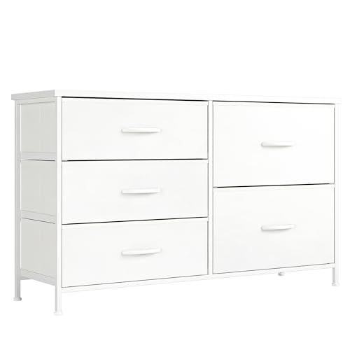 Nicehill White Dresser for Bedroom with 5 Drawers, Small Dresser for Kids' Bedroom, Closet, Wide Chest of Drawers with Fabric Storage Drawers, Wooden Top, Steel Frame, Modern, White