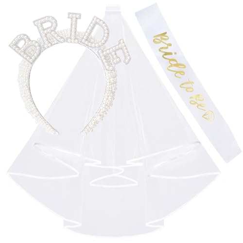 cnomg Bride To Be Sash Set Bride Veil Set Pearl Headband with Veil Sash for Women Bachelorette Party Decorations Gifts Bridal Shower Accessories (style1, white)