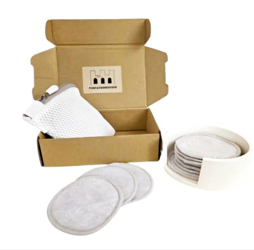 Dischetti struccanti, Organizzatore in Ceramica, lavabili, in bambù, 10 unita’ Riutilizzabili,Rimozione Trucco,Tutti i Tipi di Pelle,Pulizia Viso, Make Up,Fibra Naturale, Sacchetto a rete