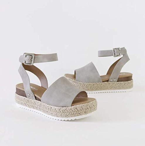 Image of Soda Topic Grey Casual Espadrilles Trim Rubber Sole Flatform Studded Wedge Buckle Ankle Strap Open Toe (11)