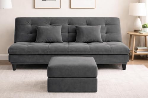Image of Convertible 3-Seater Apsen Sofa Bed with Tufted Sleeper Couch with Adjustable Backrest- Living Room Furniture - Grey Color