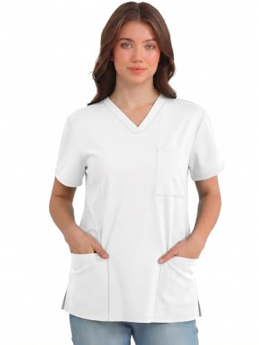 Womens Short Sleeve Tops V Neck T Shirts with 3 Pockets Tees, White, L