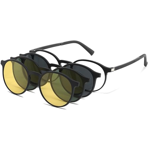 Image of Retro Round Glasses Frame for Men Women With 3 in 1 Polarized Magnetic clip on Sunglasses Eyeglasses Optical Eyewear