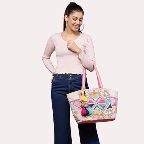 Image of Anekaant Kooky Boho Geometric Embellished Handloom Cotton Jacquard Tote Bag for Women | Handmade Designer Ethnic Bohemian Large Casual Carry Bag